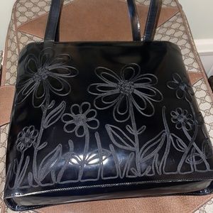 Moschino vintage patent leather large tote shoulder bag black flower
